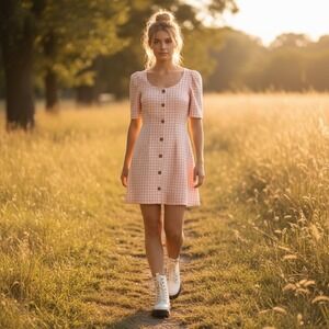 LPA Pink Gingham Mini‎ Dress Size XS Boho Indie Puff Sleeve Casual Cottagecore